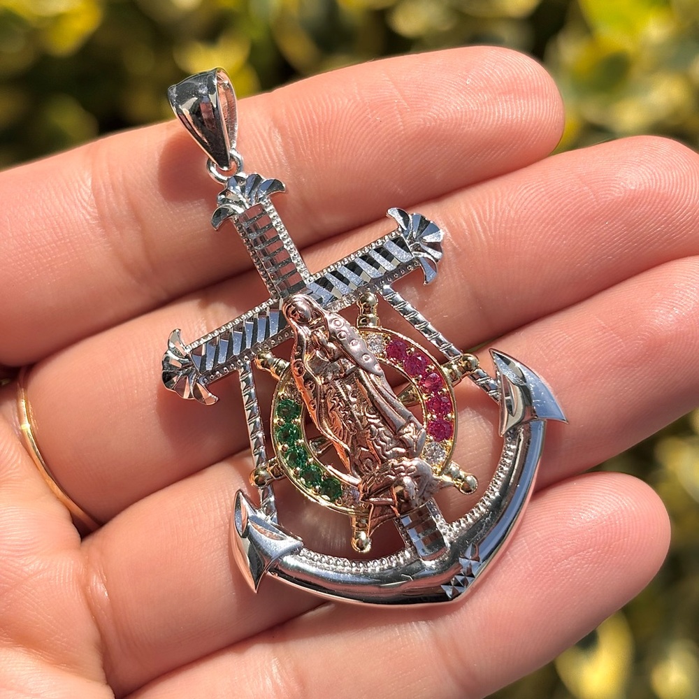 925 Sterling Silver Virgin Mary Anchor Pendant/Plata 925 unisex